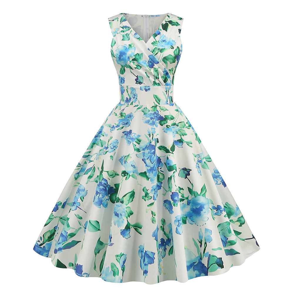 Amazon's Hot-Selling Women's Clothing 2026 Spring/Summer New Style 5060S Hepburn-Style Retro Printed Dress Factory Ready Stock
