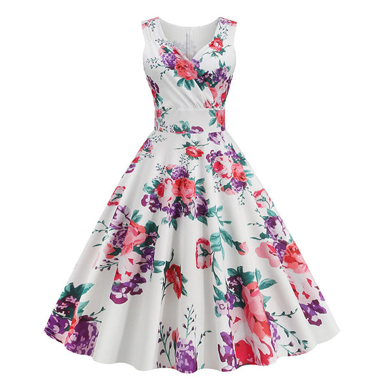 Amazon's Hot-Selling Women's Clothing 2026 Spring/Summer New Style 5060S Hepburn-Style Retro Printed Dress Factory Ready Stock