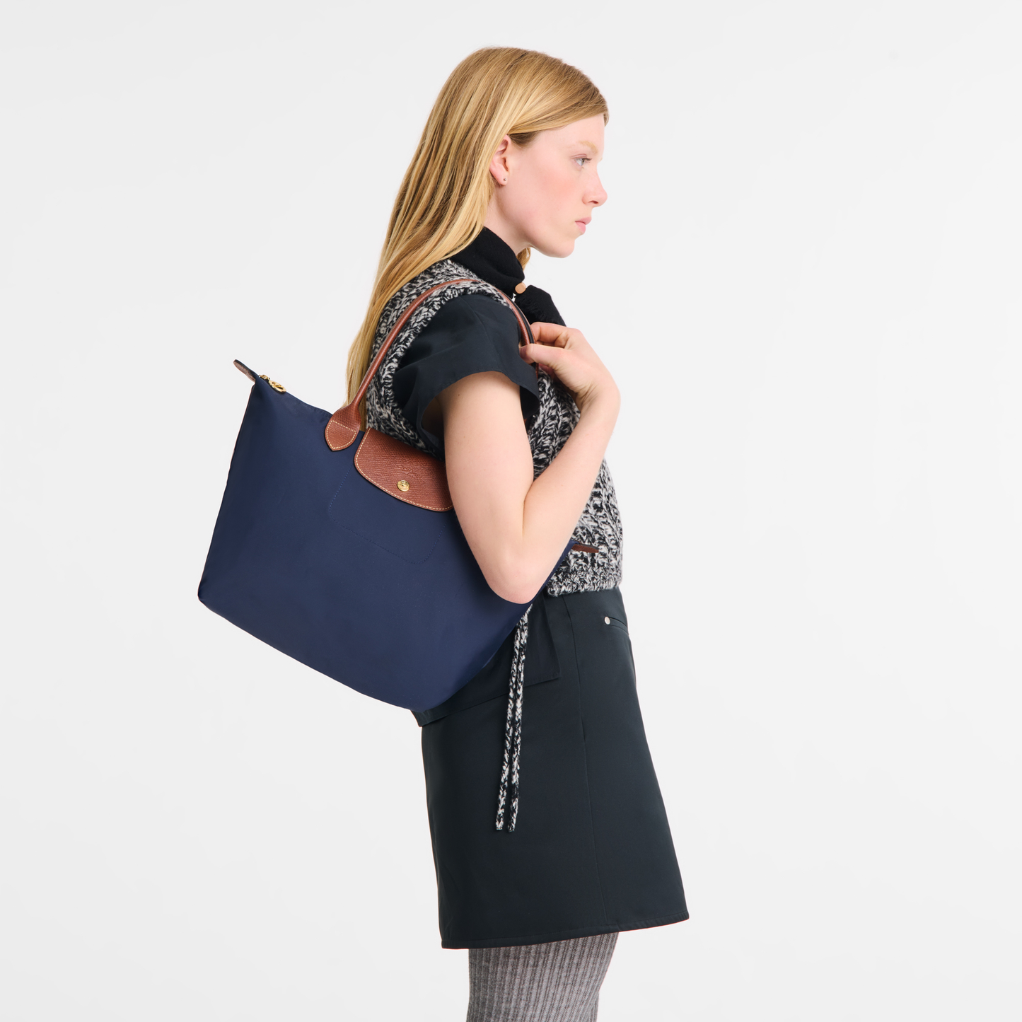 Longchamp Le Pliage Original Medium Tote Bag Navy Recycled Canvas – Side Profile View