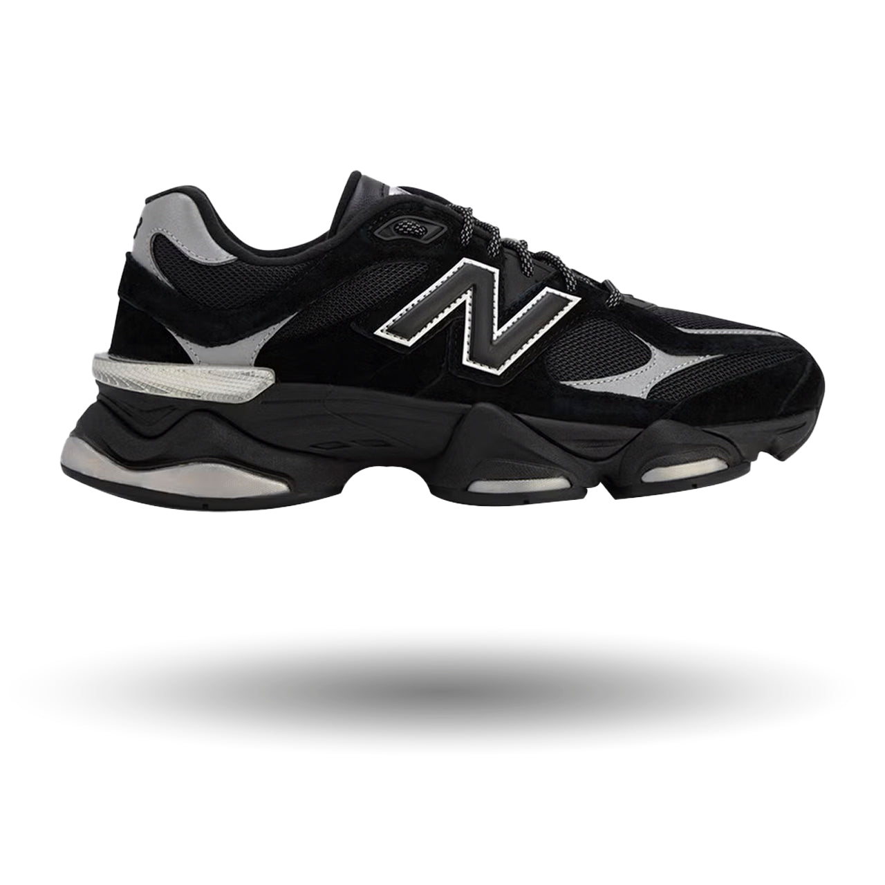 Black athletic shoe with gray accents on a white background