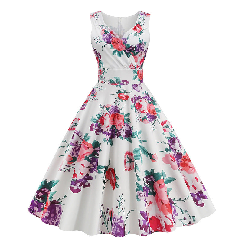 Amazon's Hot-Selling Women's Clothing 2026 Spring/Summer New Style 5060S Hepburn-Style Retro Printed Dress Factory Ready Stock