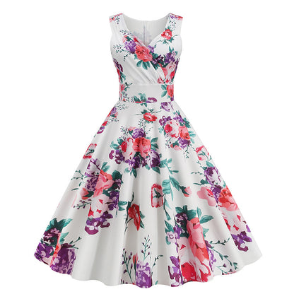 Amazon's Hot-Selling Women's Clothing 2026 Spring/Summer New Style 5060S Hepburn-Style Retro Printed Dress Factory Ready Stock