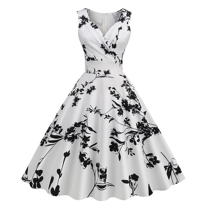 Amazon's Hot-Selling Women's Clothing 2026 Spring/Summer New Style 5060S Hepburn-Style Retro Printed Dress Factory Ready Stock